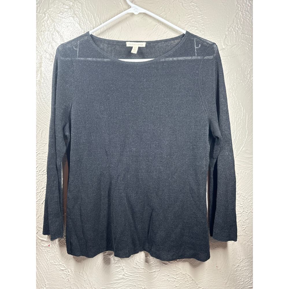 Eileen Fisher Linen Nylon Blend Black‎ Knit Top Shirt Organic Cotton Womens Sz M